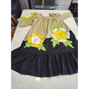 Ramona Rull Cotton Dress Mumu Lounge Floral Applique mirrors Black Tan Size 2XL